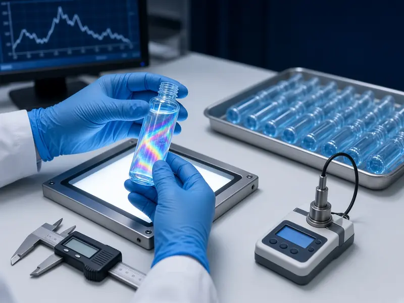 Quality engineer inspecting a PET preform on a polariscope light table