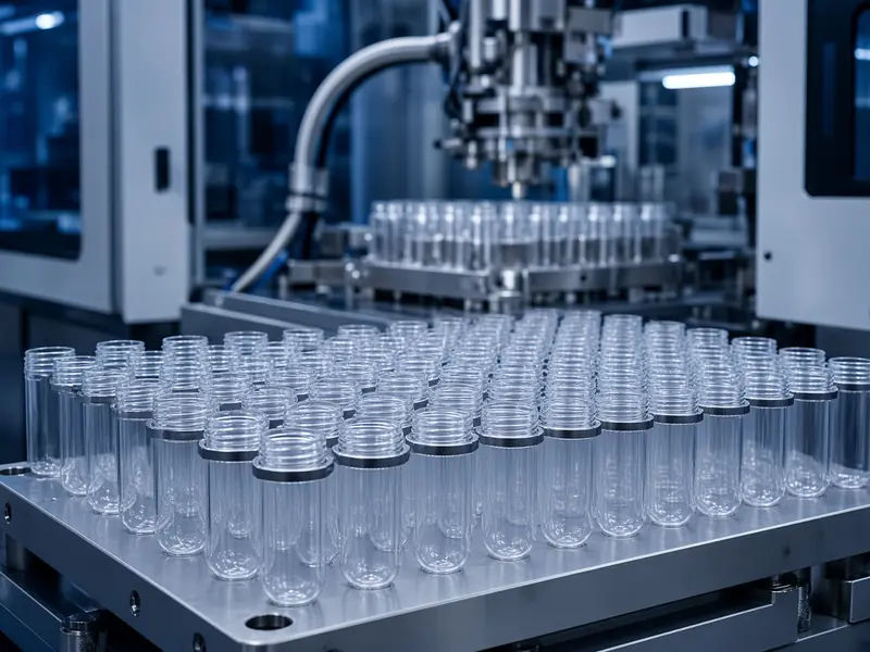 Freshly injection-moulded PET preforms on the cooling plate of a preform injection machine
